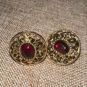 Elegant Vintage Gold and Red Filigree clip on Earrings